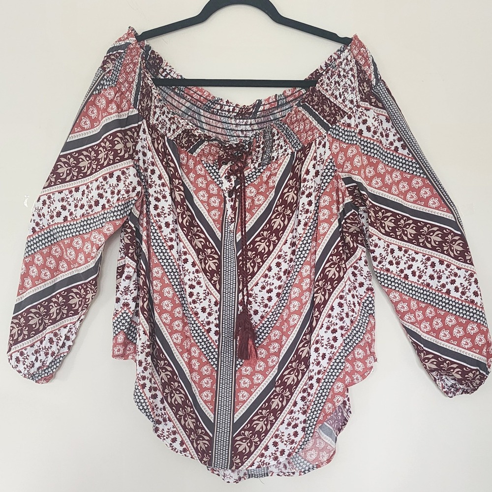 Knox Rose XXL Boho Off The Shoulder Tassel Blouse Paisley Floral Print Rayon Top